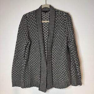 Talbots Black White Chunky Knit Open Front Cardigan Cozy Sweater Wool Blend